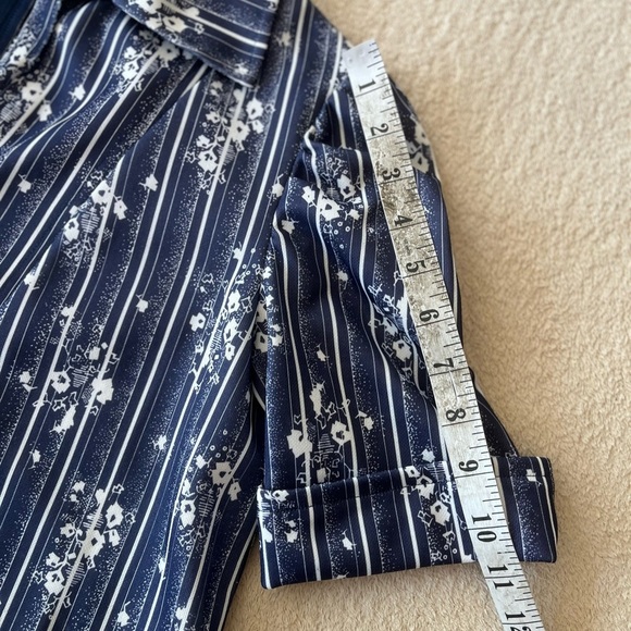 Vintage 70s Navy Floral Stripe A-Line Dress with Puff Sleeves - Picture 10 of 10